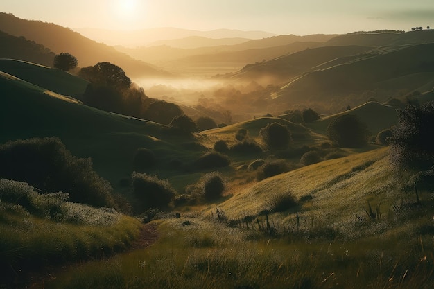 Ilustración generada por IA de un paisaje montañoso verde, con la puesta de sol al fondo