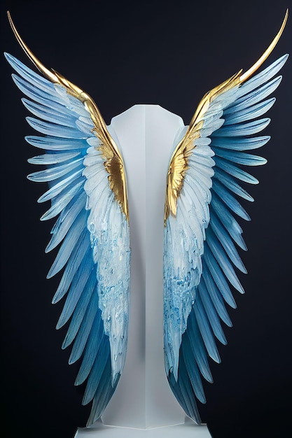 Ilustración generada por IA de un par de alas con colores azul y dorado sobre un fondo oscuro