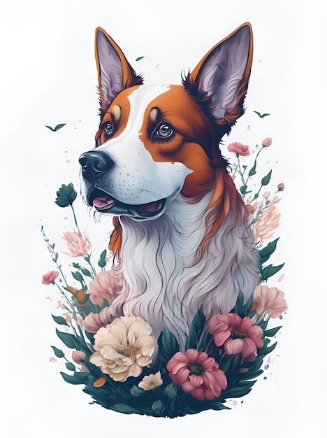 Ilustración generada por IA de un perro blanco y marrón rodeado de flores sobre fondo blanco