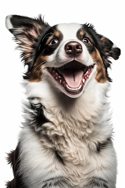 Ilustración generada por IA de un perro sonriente feliz sobre fondo blanco