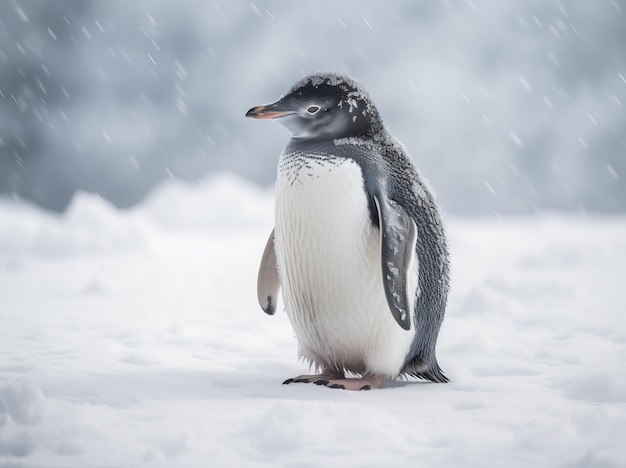 Ilustración generada por IA de un pingüino con un pico naranja vibrante de pie en la nieve