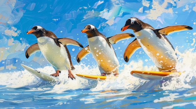 Ilustración generada por la IA de pingüinos juguetones en tablas de surf voladoras