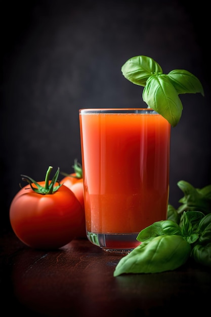 Ilustración generada por IA de un refrescante vaso de jugo de tomate y una ramita de hojas frescas de albahaca