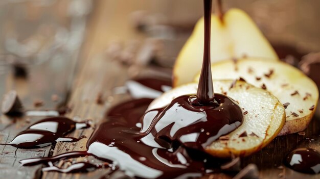 Foto ilustración generada por la ia de una rica salsa de chocolate en cascada sobre una pera cortada en rodajas