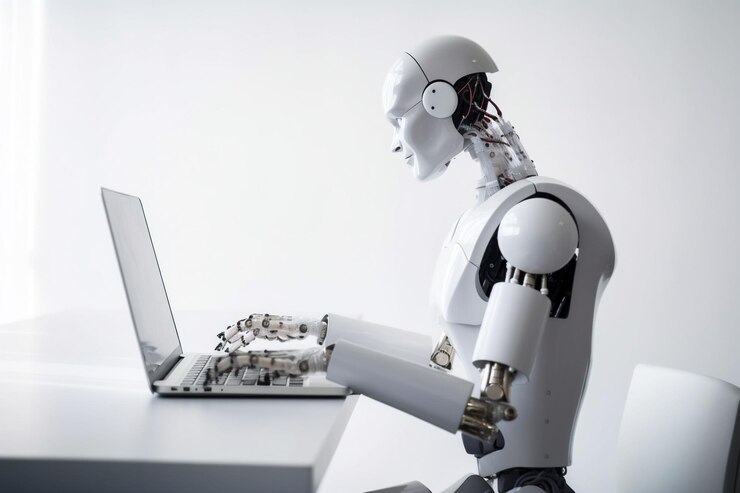 Foto una ilustración generada por la ia de un robot blanco sentado en un escritorio, escribiendo en una computadora portátil