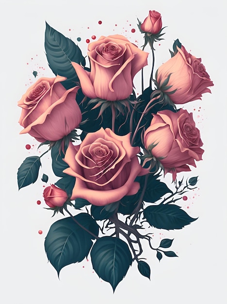 Ilustración generada por IA de rosas rosadas con flores verdes sobre fondo blanco