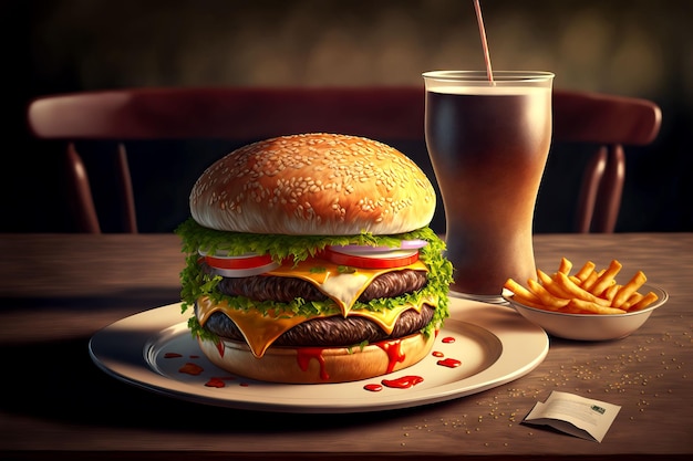 Ilustración generada por IA de una sabrosa hamburguesa con queso con papas fritas y un refresco