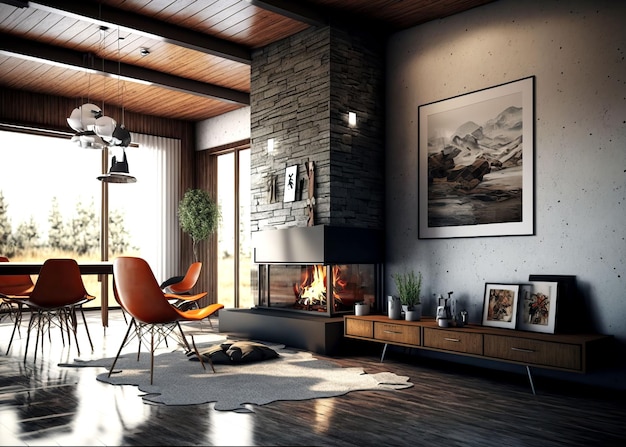 Ilustración generada por IA de una sala de estar moderna con ventana grande y chimenea