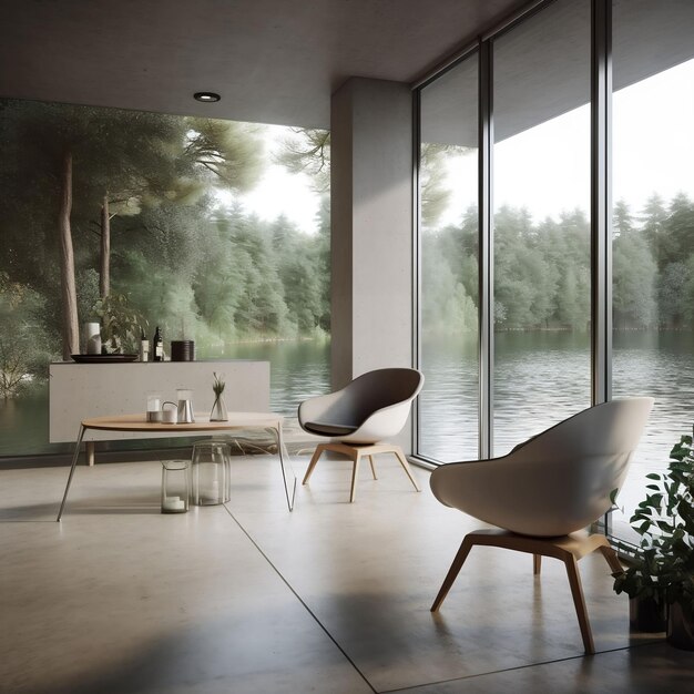 Ilustración generada por la IA de una sala de estar con una pintoresca vista de un lago