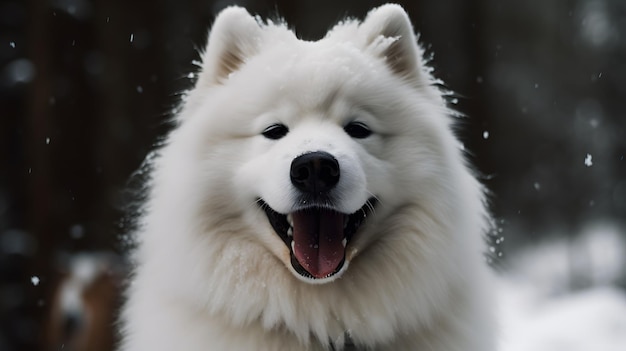 Ilustración generada por la IA de un samoyedo blanco sonriendo con un fondo borroso