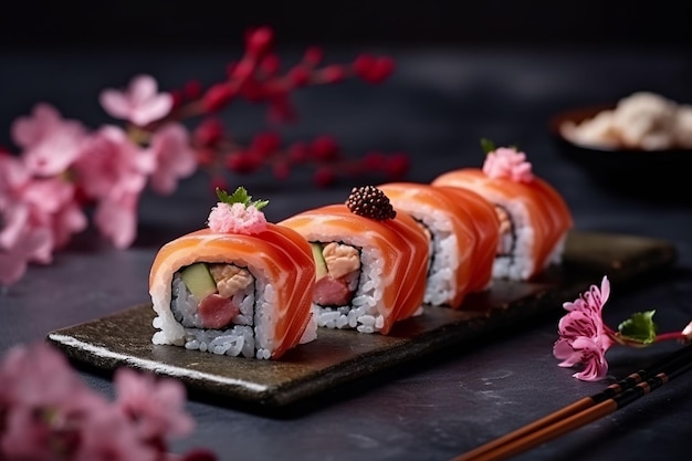 Ilustración generada por IA de una selección de coloridos rollos de sushi, adornados con flores rosas