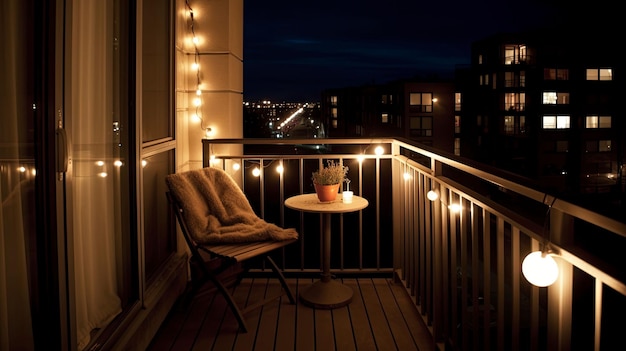 Ilustración generada por IA de una silla en un balcón en un espacio al aire libre iluminado por luces de cadena