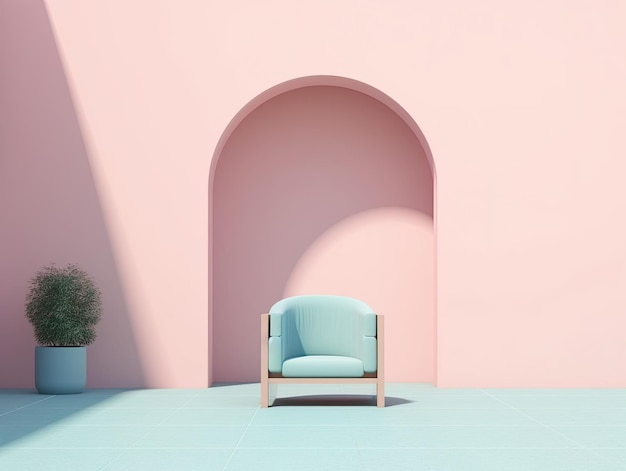 Ilustración generada por la IA de un sillón azul sobre el fondo de una pared arqueada rosada