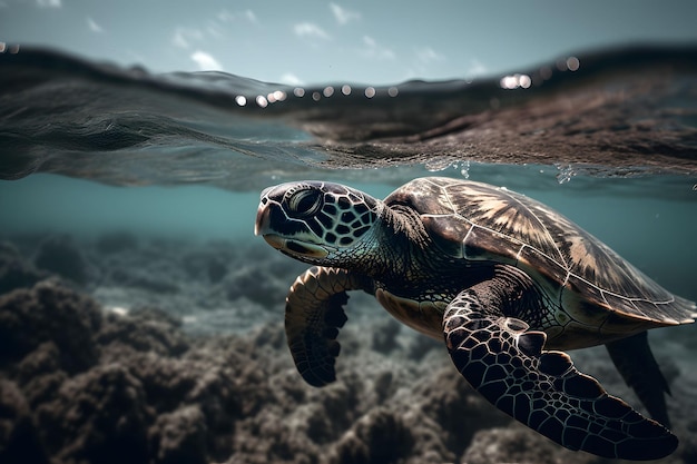 Ilustración generada por IA de una tortuga marina nadando bajo el agua cerca de una costa poco profunda