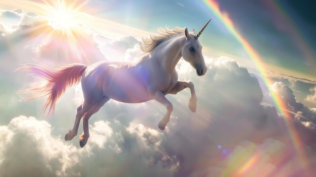 Ilustración generada por la IA de un unicornio mágico volando sobre un arco iris