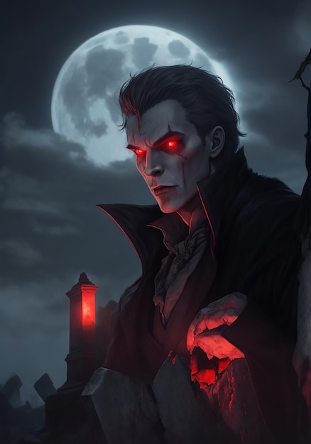 Ilustración generada por IA de un vampiro con ojos rojos brillantes