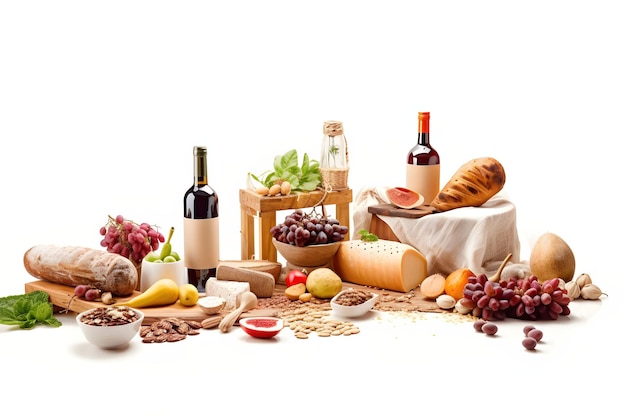 Ilustración generada por IA de una variedad de alimentos, incluidos pan, queso, vino y carne.