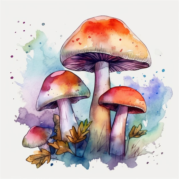 Ilustración generada por IA de una vibrante acuarela de un grupo de hongos coloridos