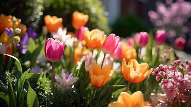 Ilustración generada por la IA de un vibrante y colorido tulipán de primavera en el jardín