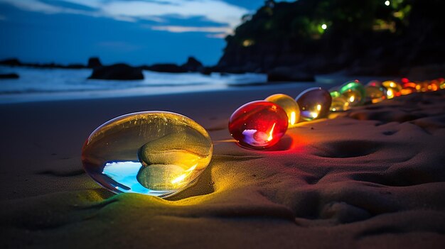 Ilustración generada por la IA de una vibrante exhibición de piedras de vidrio multicolores en una playa