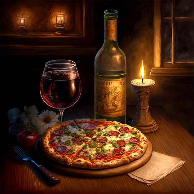 Ilustración generada por IA de vino y pizza en la mesa con una vela