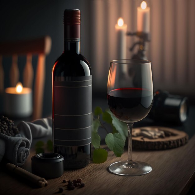 Ilustración generada por IA de un vino tinto y una copa de vino sobre fondo de madera oscura