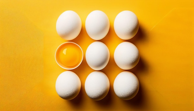Una ilustración generada por IA de una vista superior de huevos blancos sobre una superficie amarilla con una que muestra la yema