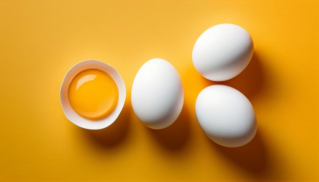 Una ilustración generada por la IA de una vista superior de huevos blancos en una superficie amarilla con una que muestra la yema