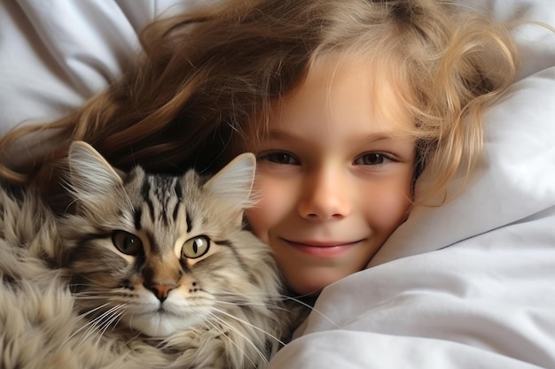 Ilustración generada de una niña adorable durmiendo en la cama con su gato