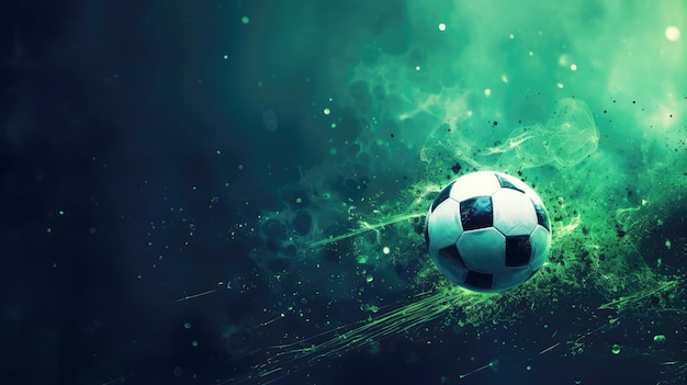 Ilustración generada de una pelota de fútbol dinámica sobre un fondo verde futurista