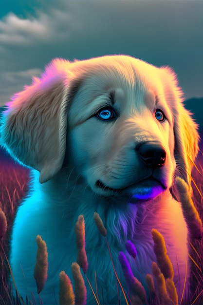 Ilustración generada de un perro majestuoso iluminado por luces vibrantes y coloridas