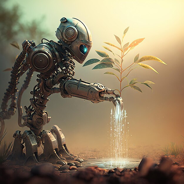 Ilustración generada por un robot con agua que alimenta una planta