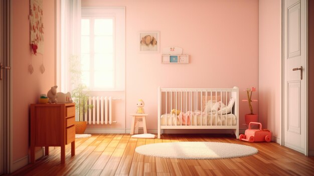 Ilustración generativa de ai de un niño pequeño acogedor en el dormitorio de los niños