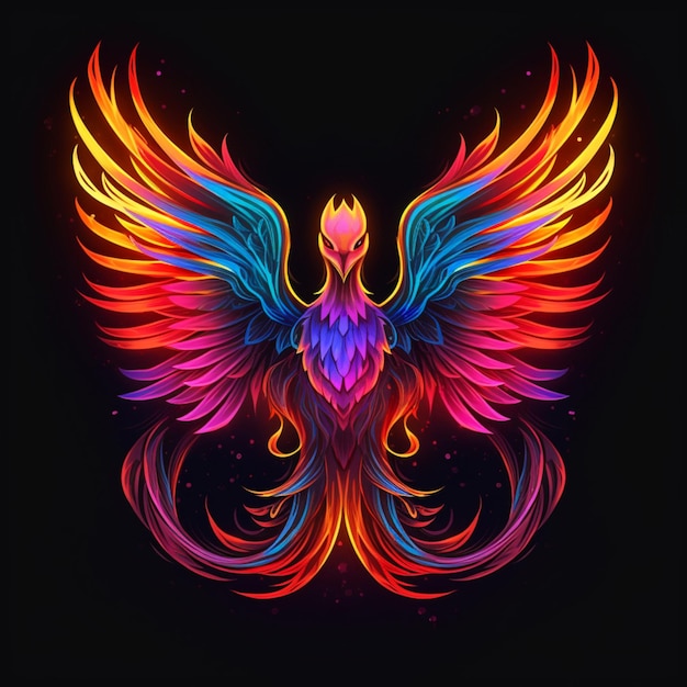 Ilustración generativa AI pájaro Fénix pájaro de fuego icono de neón en un fondo oscuro