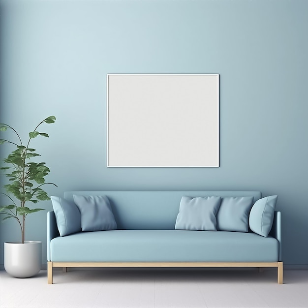Ilustración generativa de ai de un sofá azul suave sobre fondo azul