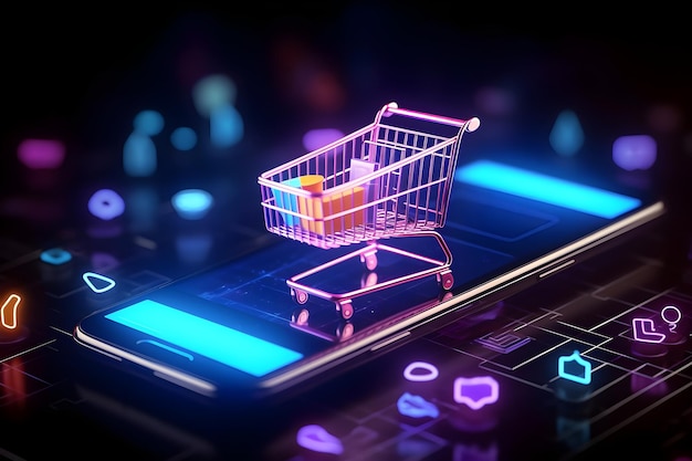 Ilustración generativa del carrito de compras de IA para el comercio electrónico y el concepto de negocio