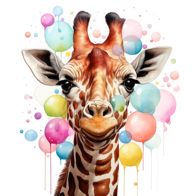 Ilustración generativa de la goma de mascar de burbuja de la jirafa en acuarela