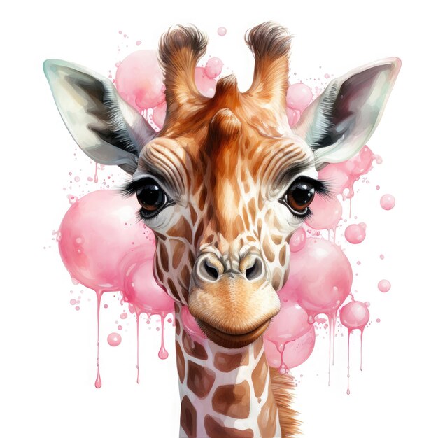 Ilustración generativa de la goma de mascar de burbuja de la jirafa en acuarela