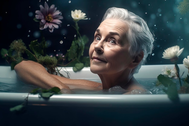 Ilustración generativa de IA de una abuela anciana con el pelo largo y gris en un baño con flores