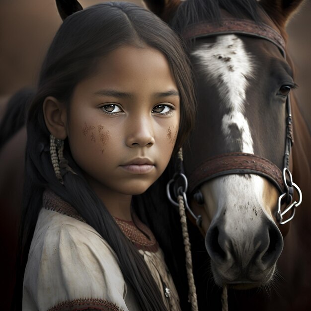 Foto ilustración generativa de ia de una adolescente étnica tranquila con heridas en las mejillas mirando a la cámara mientras está de pie cerca de un caballo de pura raza castaño en un rancho