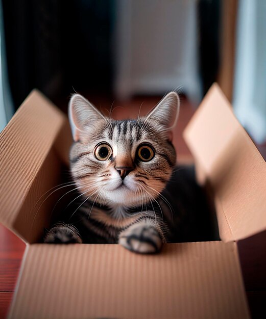 Foto ilustración generativa de ia de un adorable gato tabby gris con ojos marrones en una caja de cartón en casa mirando a la cámara contra un fondo borroso