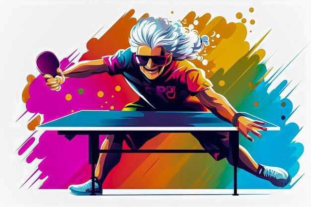 Ilustración generativa de IA de una anciana jugando al tenis y el concepto de pin pog Sport