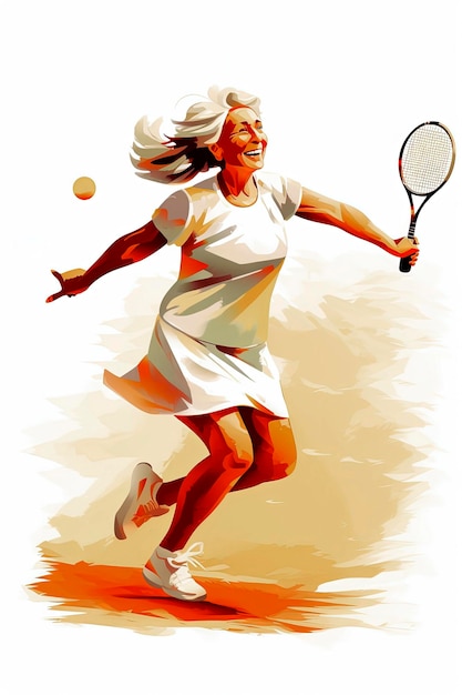 Ilustración generativa de IA de una anciana jugando al tenis y el concepto de pin pog Sport