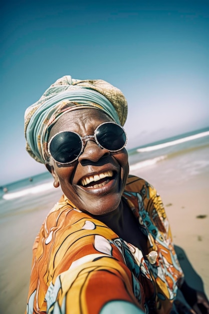 Ilustración generativa de IA de una anciana negra africana feliz divirtiéndose sonriendo a la cámara en la playa