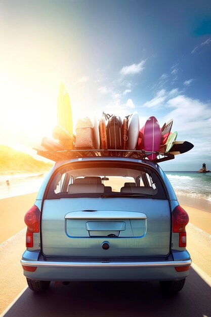 Foto ilustración generativa de ia de un auto cargado con maletas y tablas de surf corriendo hacia la playa de vacaciones