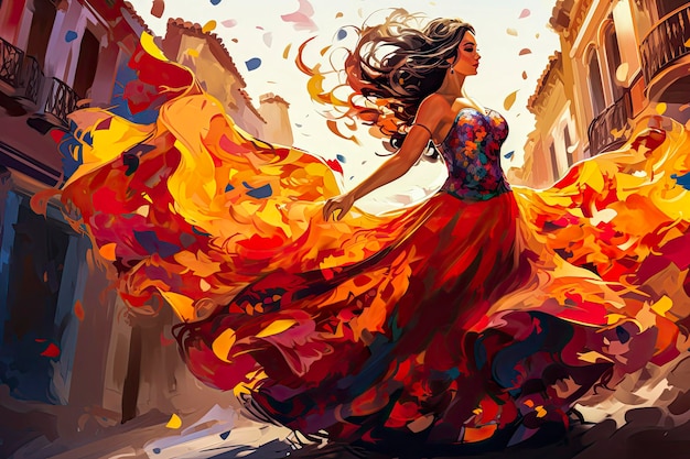 Ilustración generativa de IA de bailarina de flamenco sobre fondo de paisaje andaluz Ilustración de estilo típico español