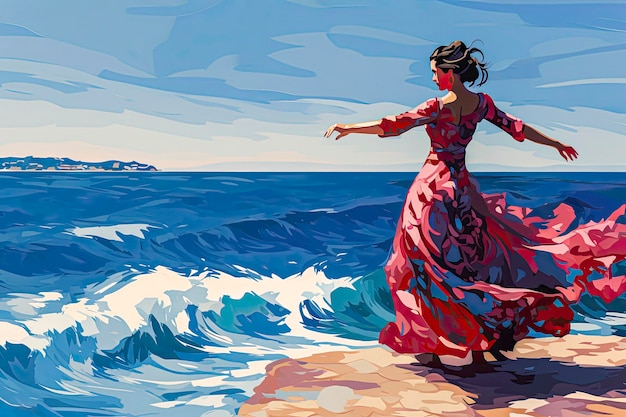 Ilustración generativa de IA de bailarina de flamenco sobre fondo de paisaje andaluz Ilustración de estilo típico español