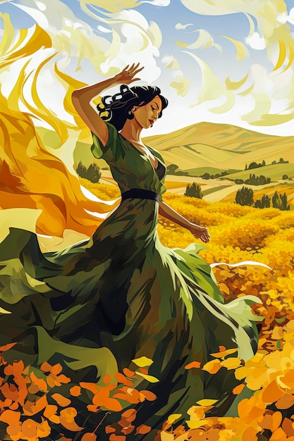 Ilustración generativa de IA de bailarina de flamenco sobre fondo de paisaje andaluz Ilustración de estilo típico español