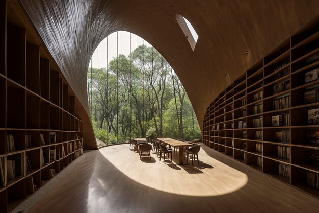 Ilustración generativa de IA de una biblioteca de madera reciclada moderna y futurista con una gran ventana con vistas al exterior