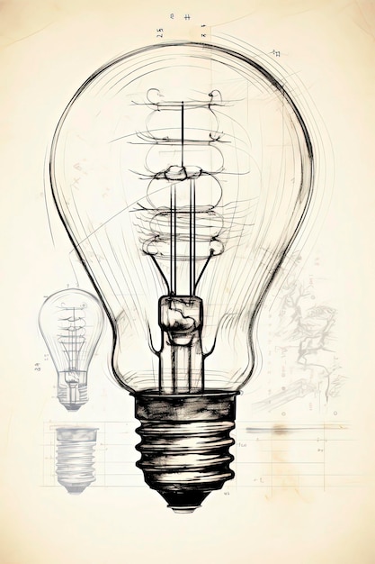 Foto ilustración generativa de ia de una bombilla conectada a un cable en un estilo de ilustración de dibujo a lápiz arte digital